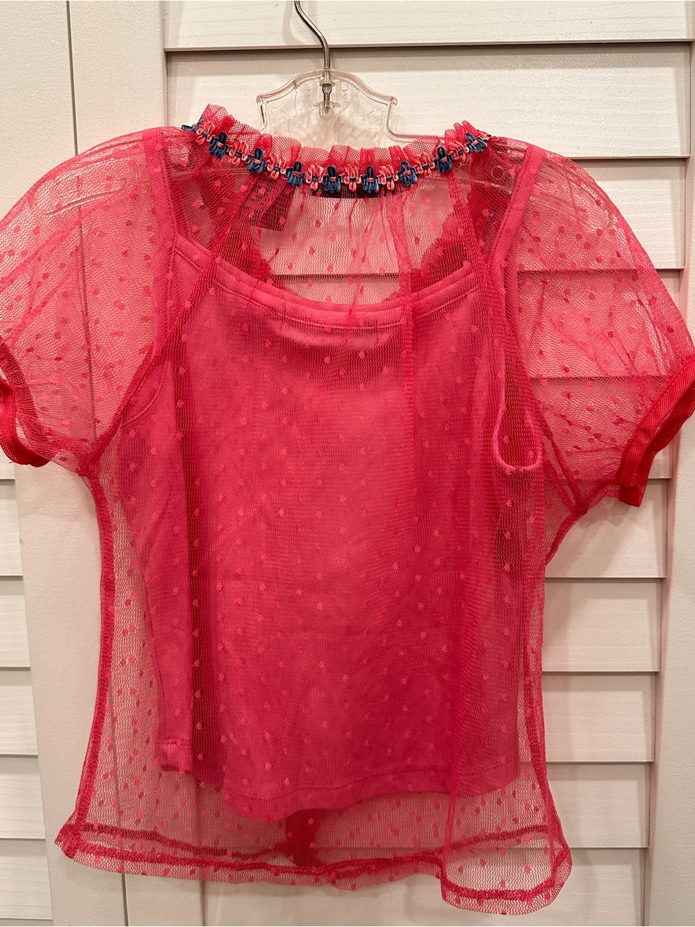 Kids vintage Betsey Johnson Sheer with tank Hot Pink Dot Mesh Blouse 6X girls - Picture 3 of 6